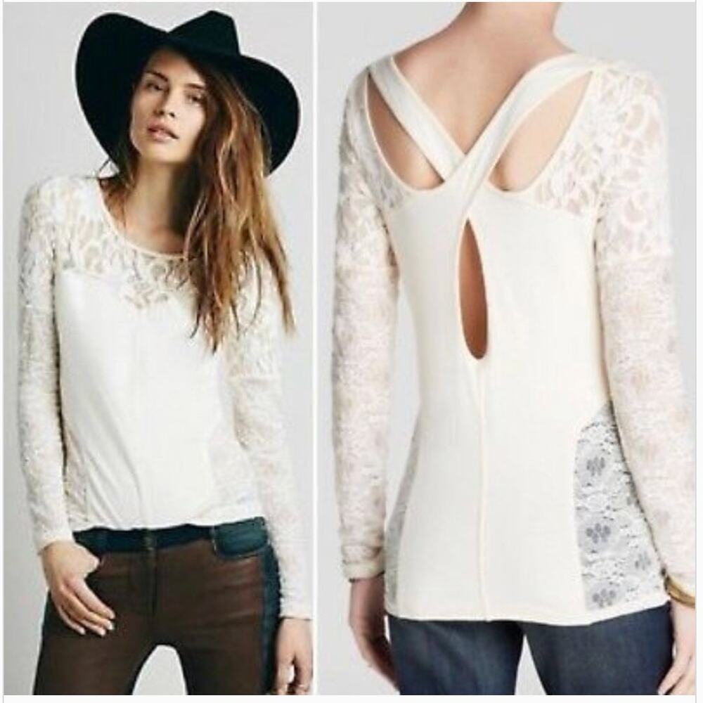 Free People Sweet Thang Lace Top Small Ivory Cross Back Cutout Long Sleeve Boho